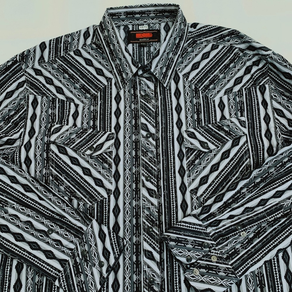 Rock & Roll Denim Western Shirt Men XXL Black White Aztec Pearl Snap Long Sleeve